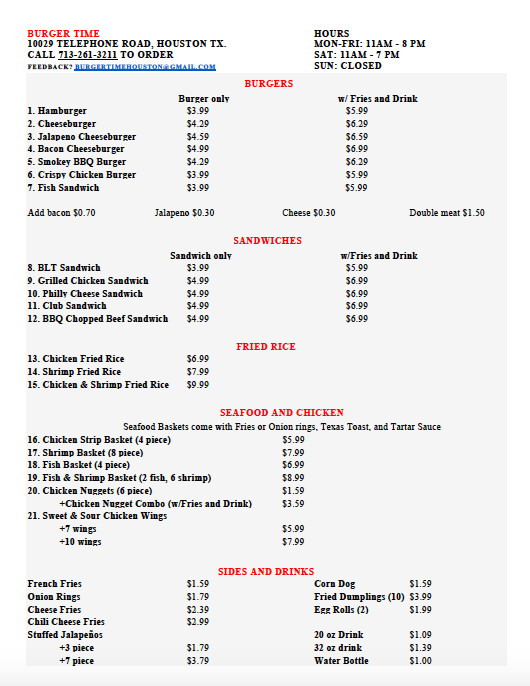 Burger Time | restaurant | 10029 Telephone Rd, Houston, TX 77075, USA | 7132613211 OR +1 713-261-3211