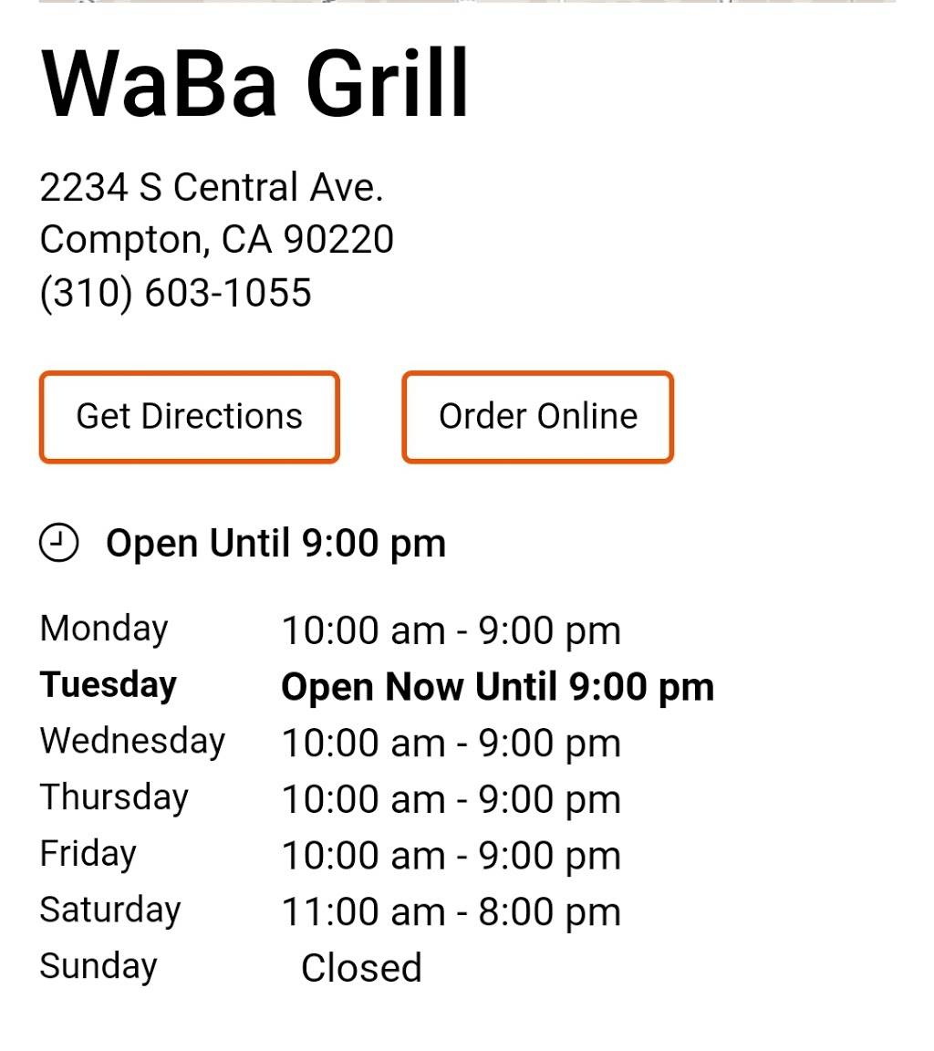 WaBa Grill | restaurant | 2234 S Central Ave, Compton, CA 90220, USA | 3106031055 OR +1 310-603-1055