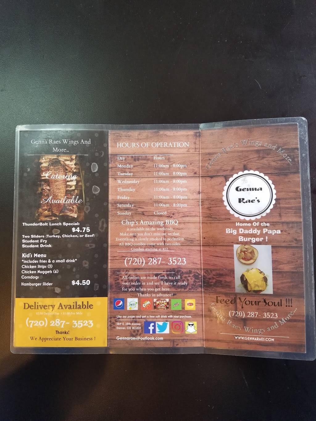 Genna Rae Wings & More... | meal takeaway | 1819 E 28th Ave, Denver, CO 80205, USA | 7202873523 OR +1 720-287-3523
