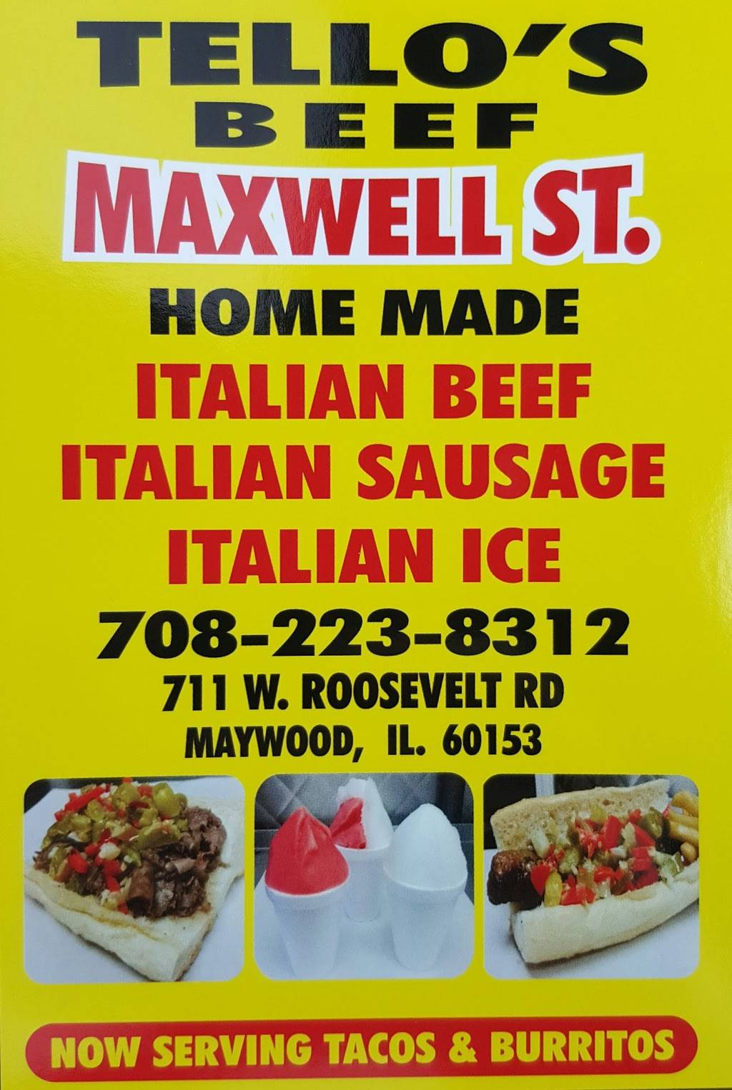 Maxwell St. Tellos Beef | restaurant | 711 Roosevelt Rd, Maywood, IL 60153, USA | 7082238312 OR +1 708-223-8312
