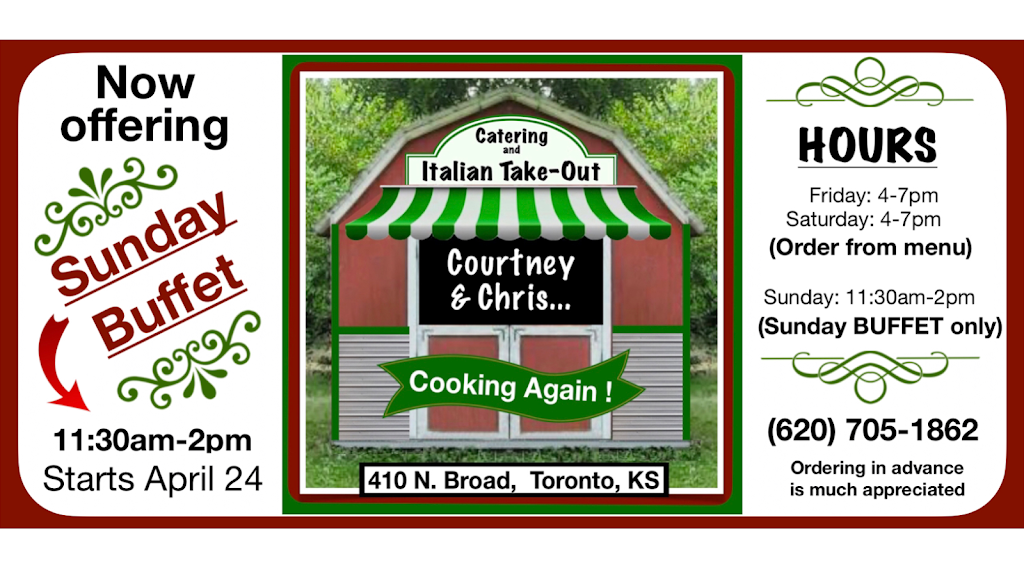 Courtney and Chris.... Cooking Again | meal takeaway | 410 N Broad St, Toronto, KS 66777, USA | 6207051862 OR +1 620-705-1862