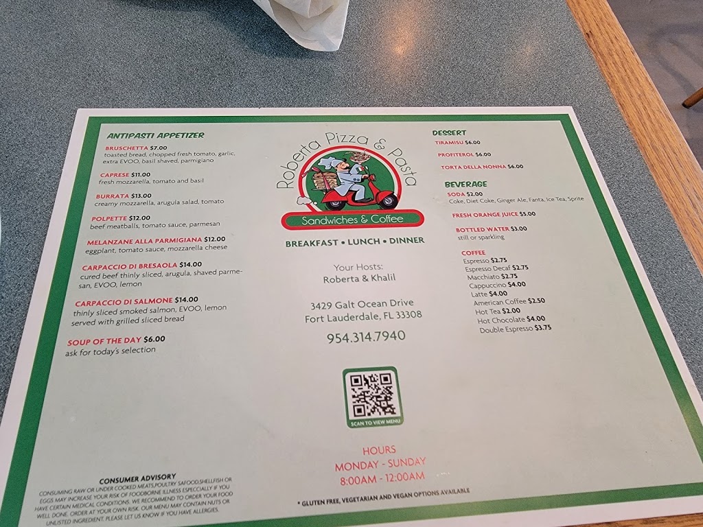 Roberta Pizza & Pasta | restaurant | 3429 Galt Ocean Dr, Fort Lauderdale, FL 33308, USA | 9543147940 OR +1 954-314-7940