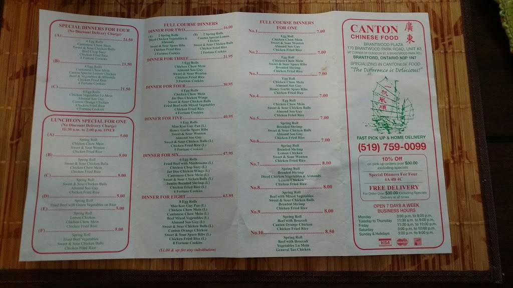 Canton Chinese Food Take-Out | meal takeaway | 170 Brantwood Park Rd, Brantford, ON N3P 1N7, Canada | 5197590099 OR +1 519-759-0099