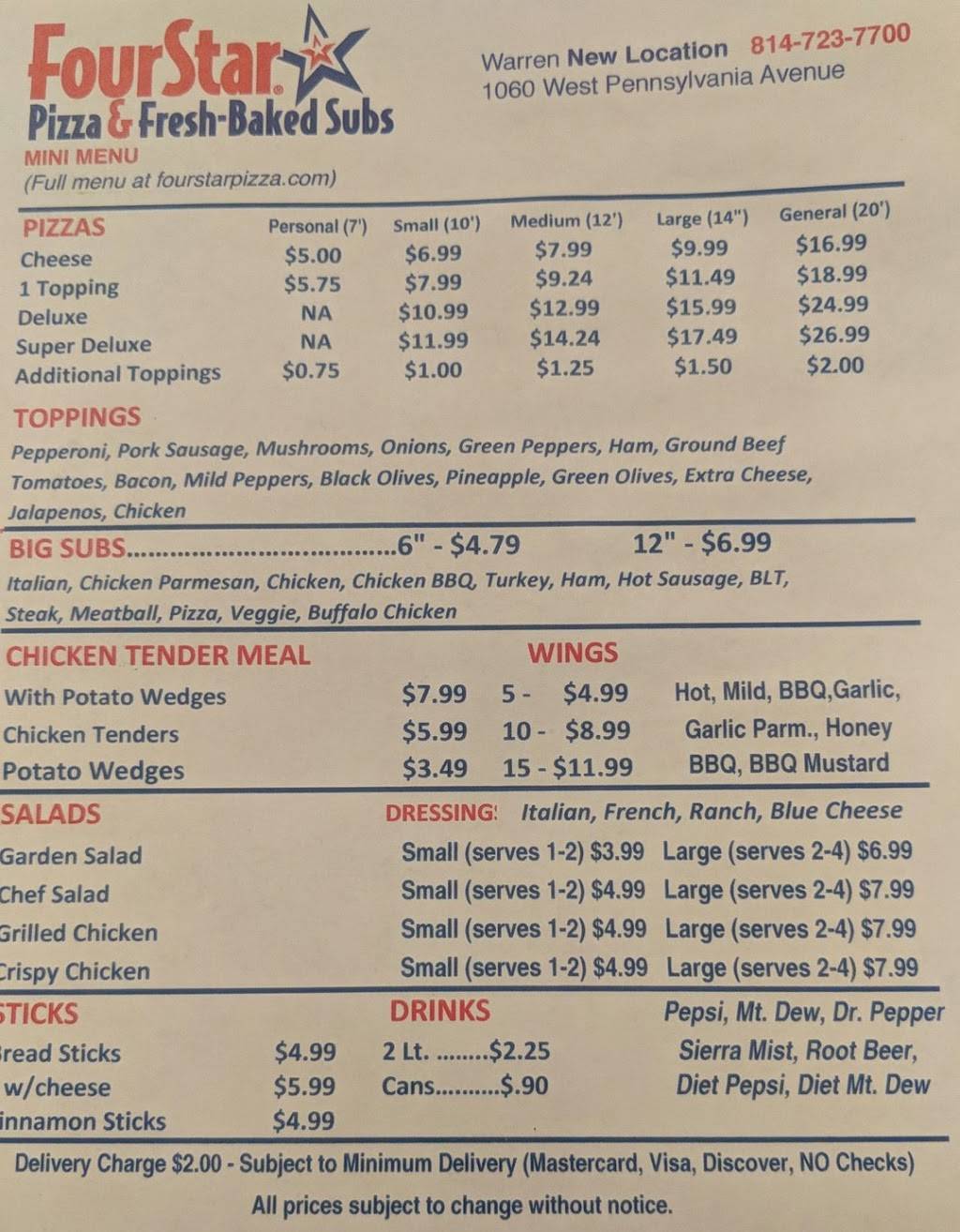 Four Star Pizza | restaurant | 1060 Pennsylvania Ave W, Warren, PA 16365, USA | 8147237700 OR +1 814-723-7700