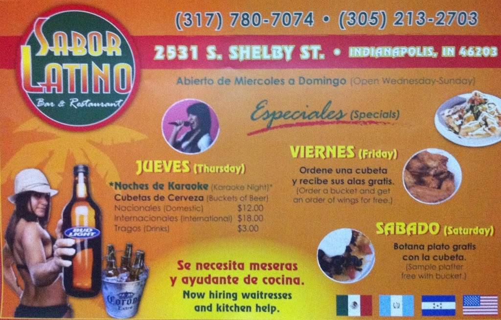 Sabor Latino | restaurant | 2531 Shelby St, Indianapolis, IN 46203, USA | 3177807074 OR +1 317-780-7074