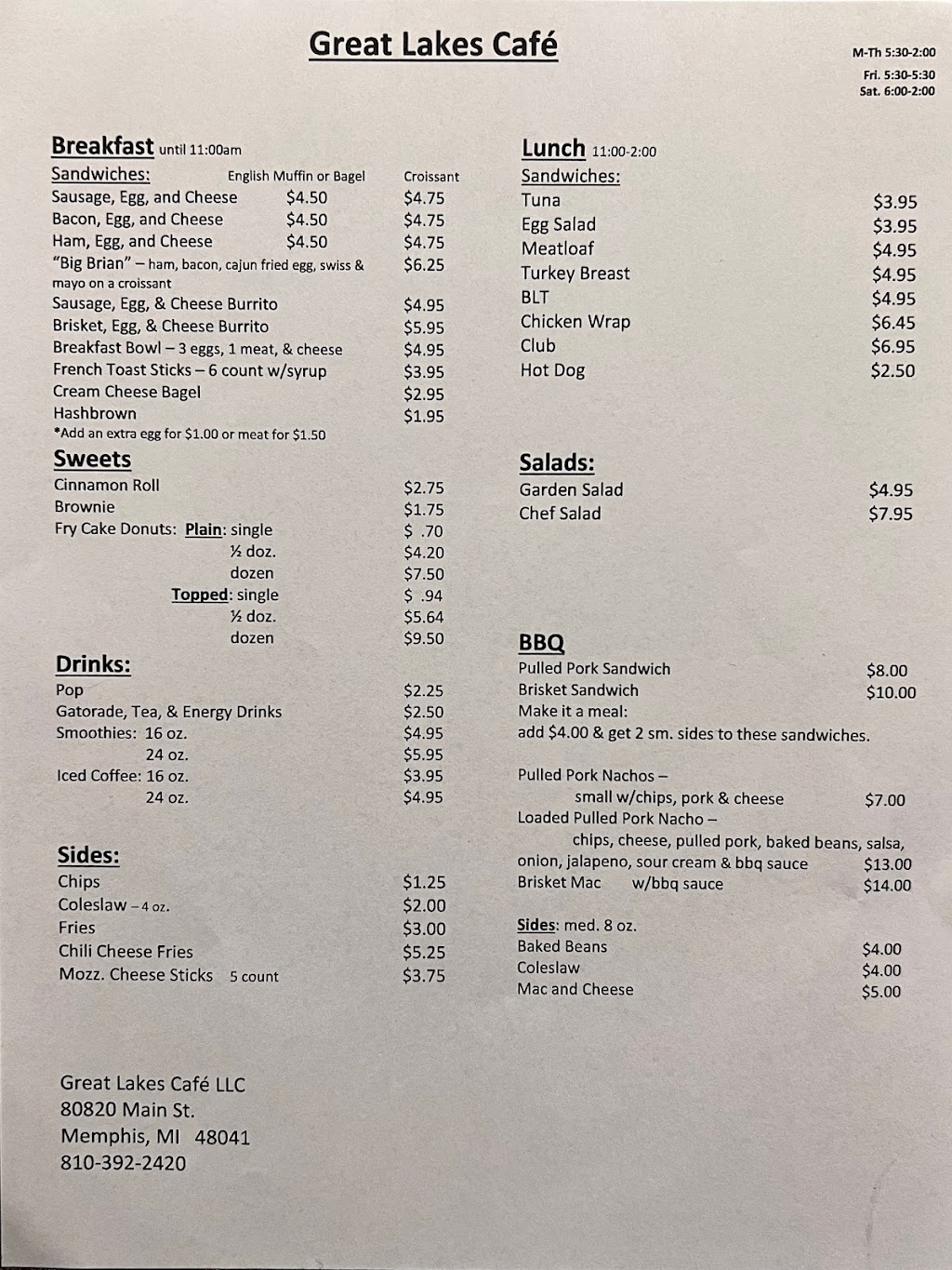 Great Lakes Cafe | restaurant | 80820 Main St, Memphis, MI 48041, USA | 8103922420 OR +1 810-392-2420