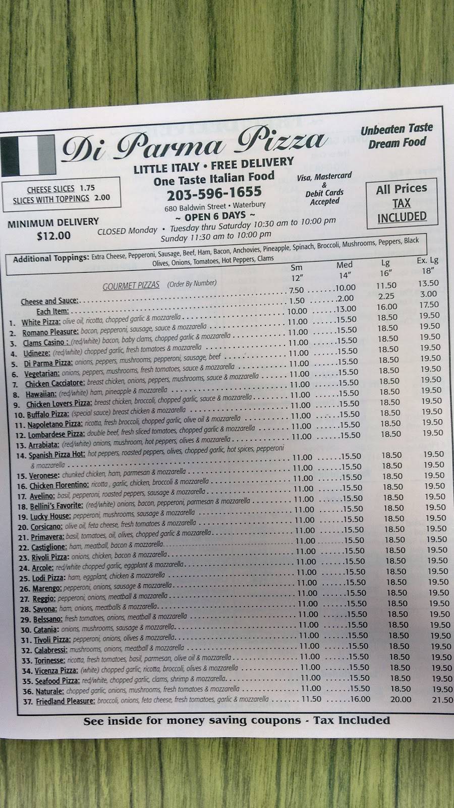 Di Parma Pizza | restaurant | 680 Baldwin St, Waterbury, CT 06706, USA | 2035961655 OR +1 203-596-1655