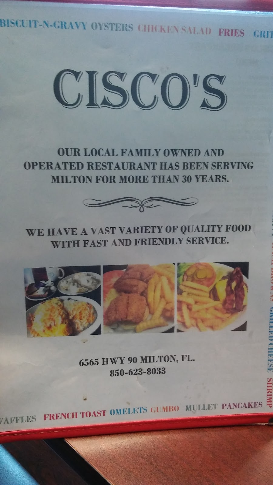 Ciscos Restaurant | restaurant | 6565 Caroline St, Milton, FL 32570, USA | 8506238033 OR +1 850-623-8033