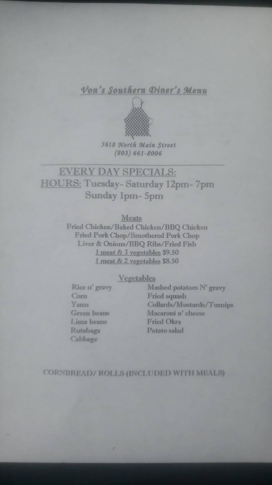 Vons Southern Diner | restaurant | 5618 N Main St, Columbia, SC 29203, USA | 8036618006 OR +1 803-661-8006