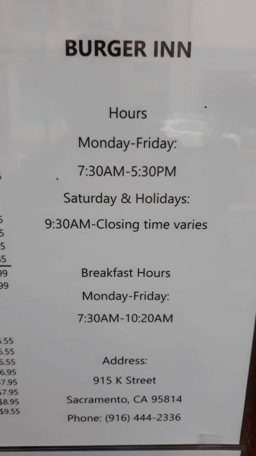 Burger Inn | restaurant | 3511, 915 K St, Sacramento, CA 95814, USA | 9164442336 OR +1 916-444-2336