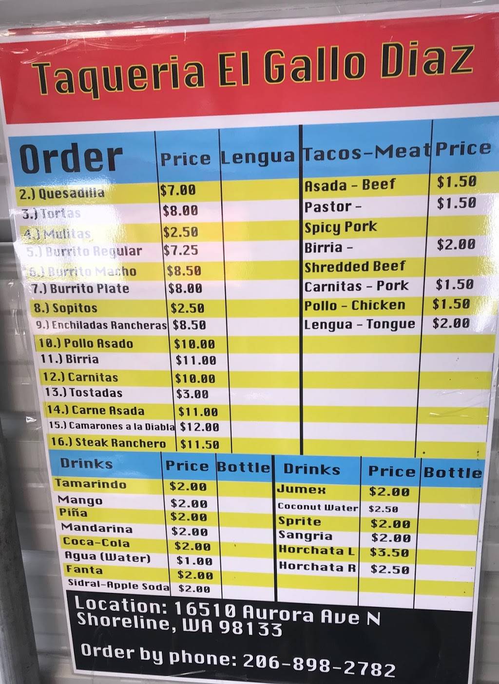 Taqueria El Gallo Diaz | restaurant | 16510 Aurora Ave N, Shoreline, WA 98133, USA | 2068982782 OR +1 206-898-2782
