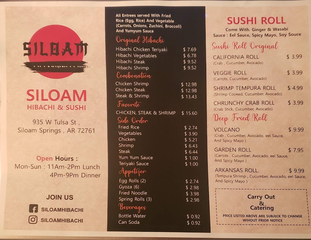 Siloam Hibachi & Sushi | restaurant | 935 W Tulsa St, Siloam Springs, AR 72761, USA | 4793732491 OR +1 479-373-2491