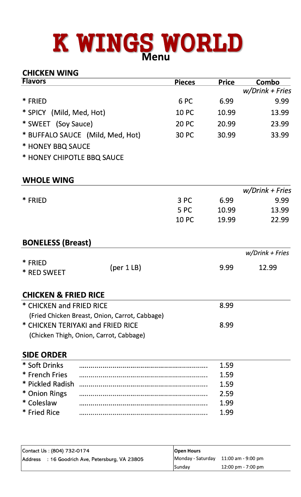 K Wings World | restaurant | 16 Goodrich Ave, Petersburg, VA 23805, USA | 8047320174 OR +1 804-732-0174