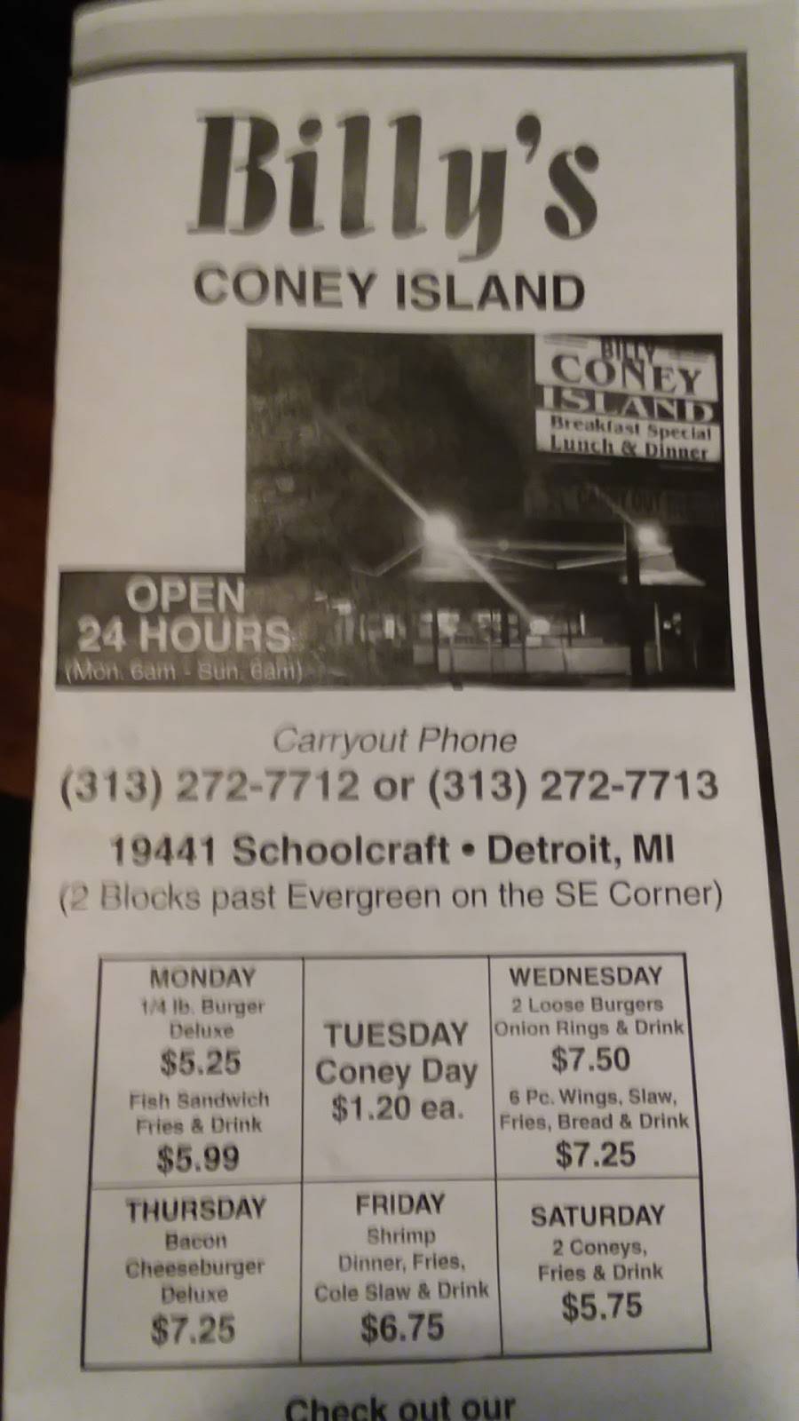 Billy Coney Island | restaurant | 19441 Schoolcraft Ave, Detroit, MI 48223, USA | 3132727712 OR +1 313-272-7712