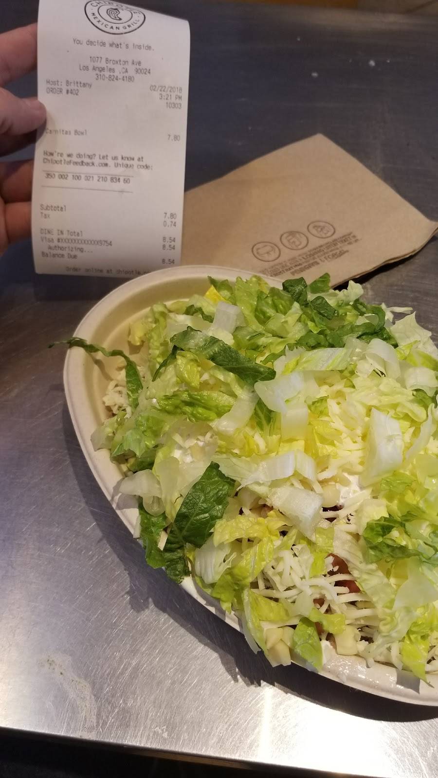 Chipotle Mexican Grill | restaurant | 1077 Broxton Ave, Los Angeles, CA 90024, USA | 3108244180 OR +1 310-824-4180