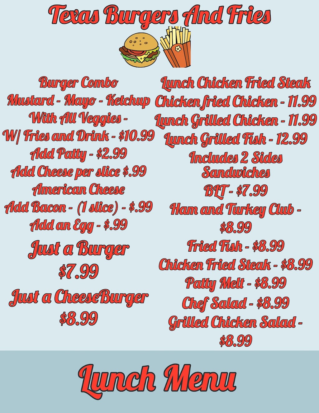 Texas Burgers and Fries | restaurant | 3668 Co Rd 192, Kilgore, TX 75662, USA | 9032184621 OR +1 903-218-4621