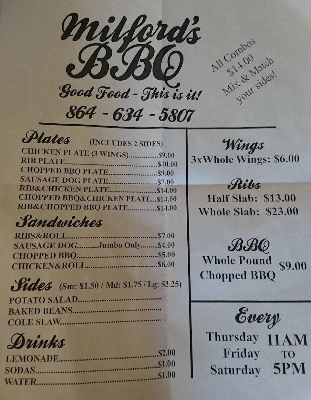 Milfords BBQ | restaurant | 101 N Fant St, Anderson, SC 29621, USA | 8642310963 OR +1 864-231-0963