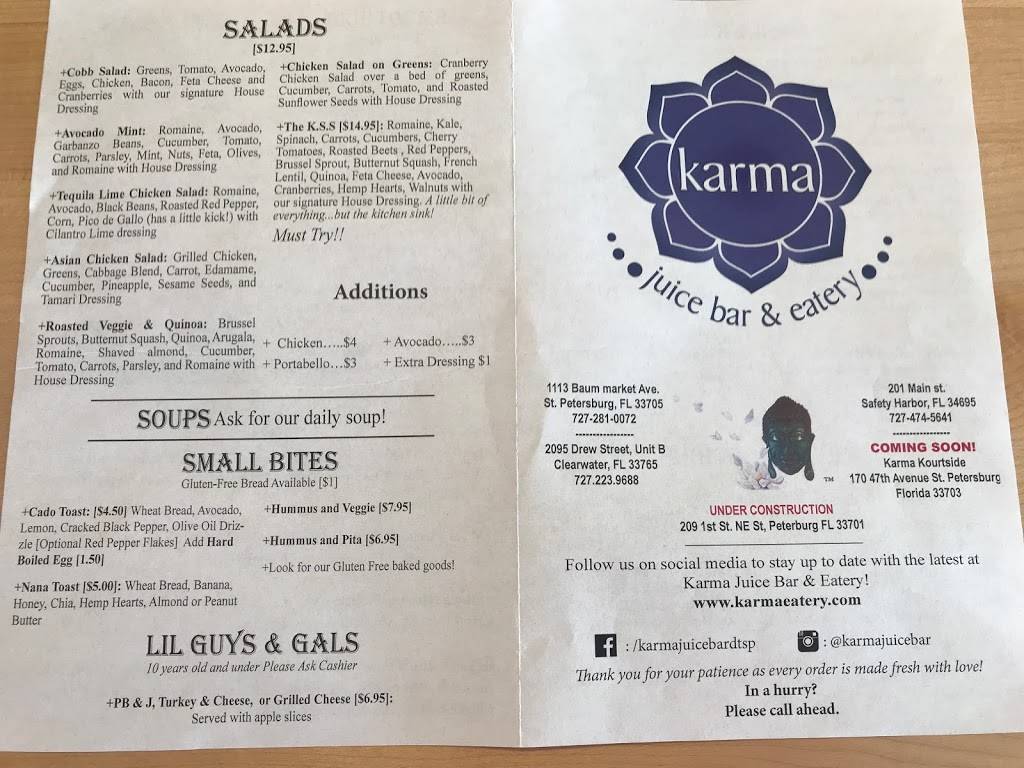 Karma Juice Bar & Eatery | restaurant | 201 Main St, Safety Harbor, FL 34695, USA | 7274745641 OR +1 727-474-5641