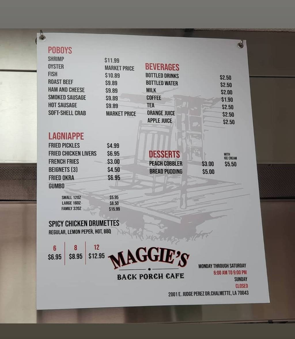 Maggies Back Porch | restaurant | 2001 E Judge Perez Dr Suite B, Chalmette, LA 70043, USA | 5045715398 OR +1 504-571-5398
