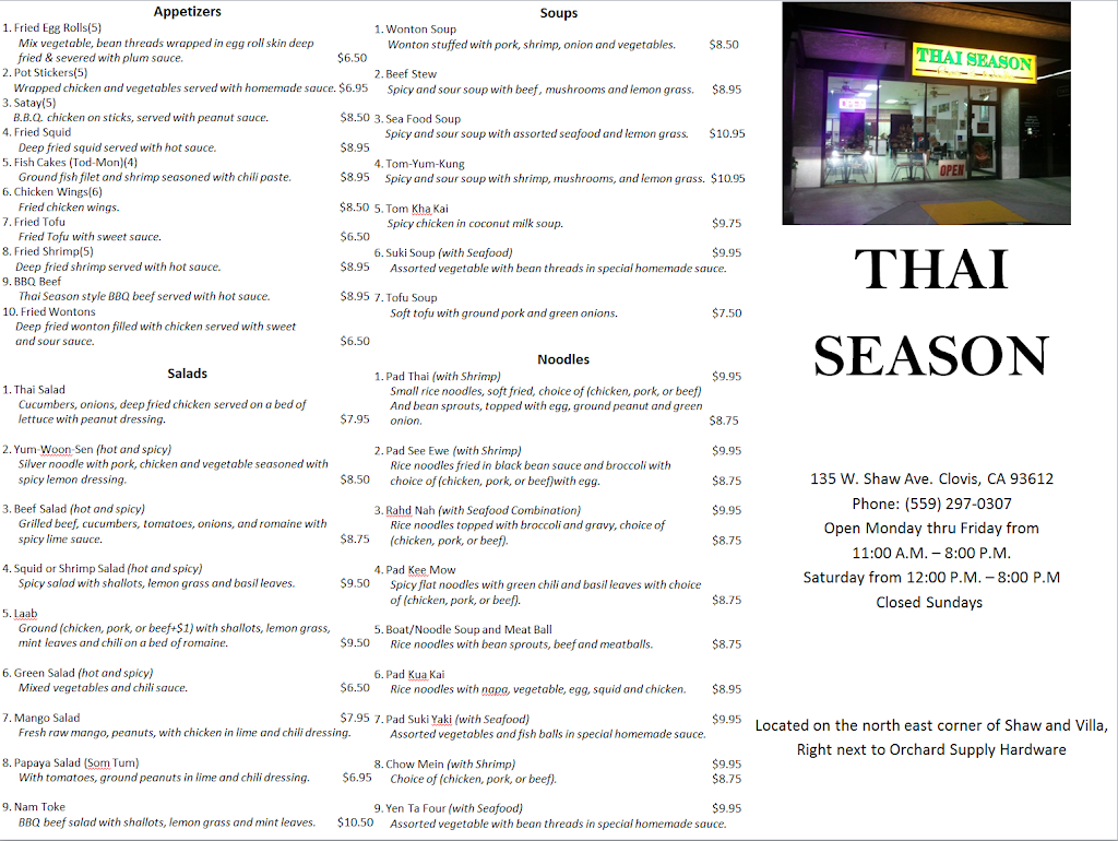 Thai Season | restaurant | 135 W Shaw Ave, Clovis, CA 93612, USA | 5592970307 OR +1 559-297-0307