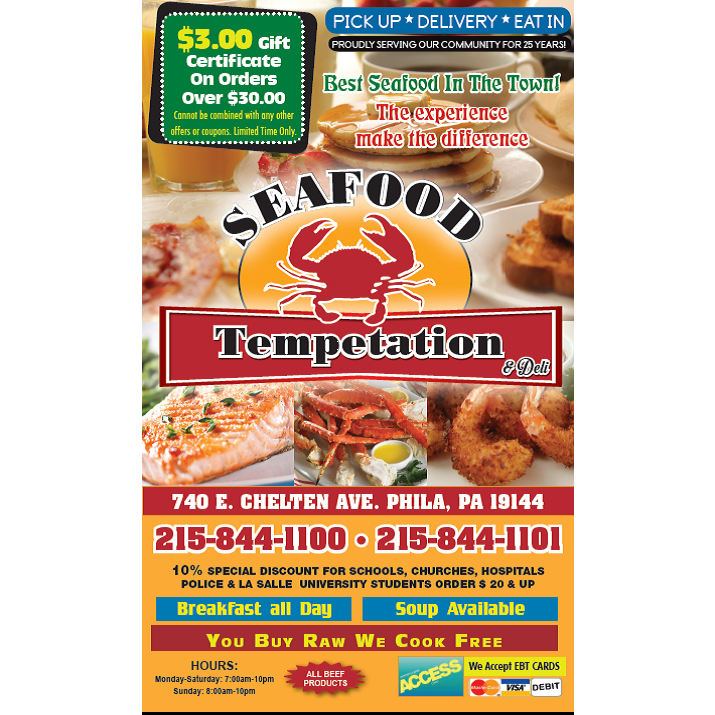 Seafood Temptation | restaurant | 740 E Chelten Ave, Philadelphia, PA 19144, USA | 2158441100 OR +1 215-844-1100