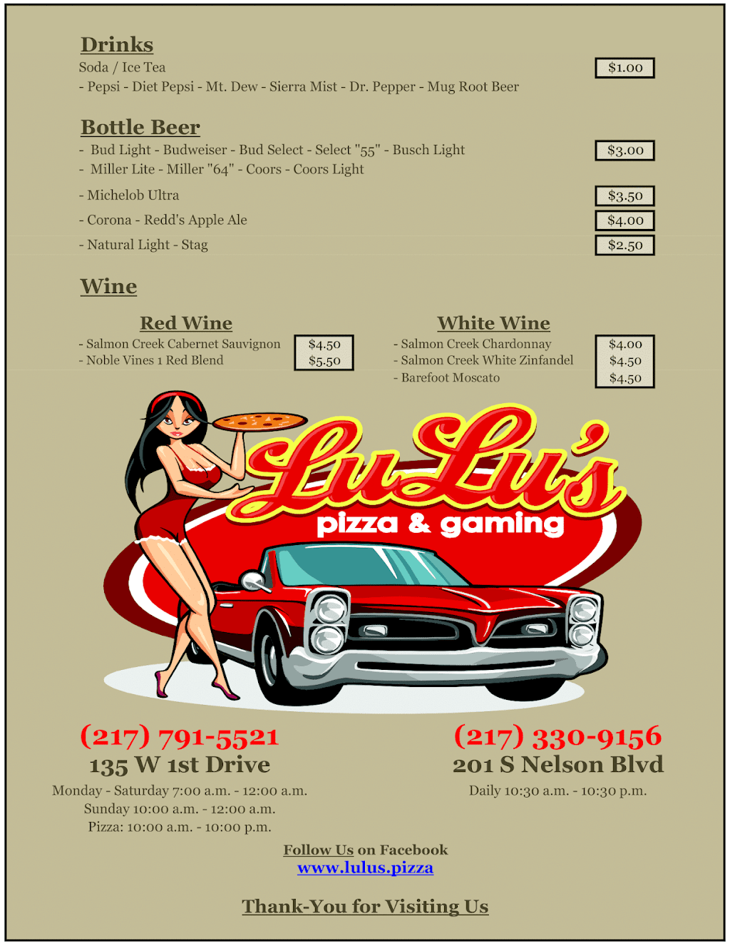 Lu Lus Pizza & Gaming | restaurant | 201 S Nelson Blvd, Decatur, IL 62521, USA | 2173309156 OR +1 217-330-9156