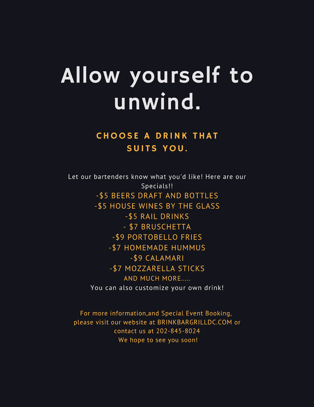 Brink Bar & Grill | restaurant | 5420 3rd St NW, Washington, DC 20011, USA | 2028458024 OR +1 202-845-8024