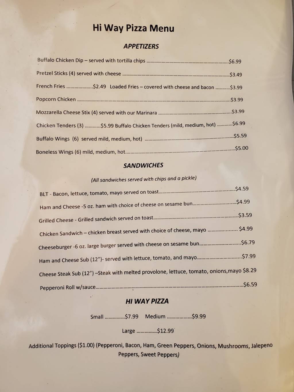 Hi-Way Pizza | restaurant | 46 E College Ave, Frostburg, MD 21532, USA | 3016898989 OR +1 301-689-8989