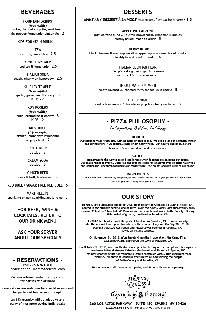 Mamma Celestes Gastropub & Pizzeria | restaurant | 360 Los Altos Pkwy suite 180, Sparks, NV 89436, USA | 7756260200 OR +1 775-626-0200