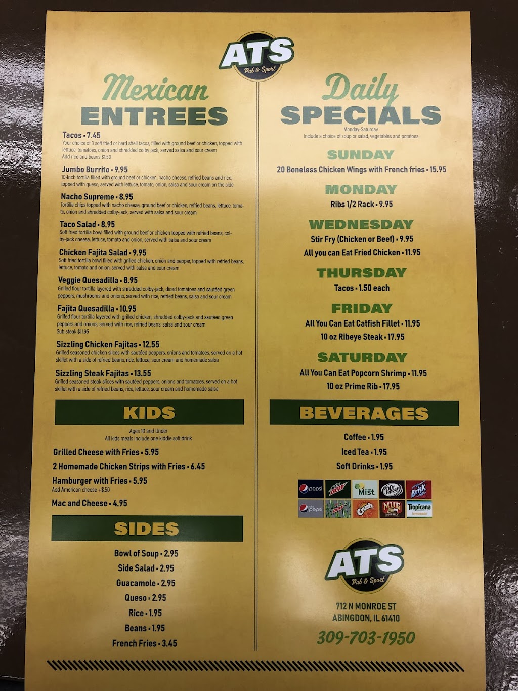 ATs Pub and Sport | restaurant | 712 N Monroe St, Abingdon, IL 61410, USA | 3097031950 OR +1 309-703-1950