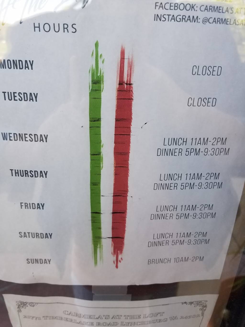 Carmela’s at the Loft | restaurant | 21771 Timberlake Rd, Lynchburg, VA 24502, USA | 4342372522 OR +1 434-237-2522