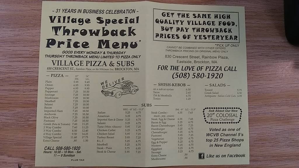 Village Pizza & Subs | restaurant | 830 Crescent St, Brockton, MA 02302, USA | 5085801920 OR +1 508-580-1920
