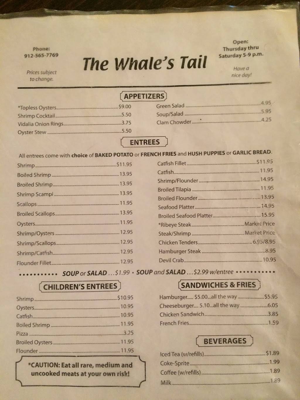 Whales Tail Restaurant | restaurant | 6118 US-1, Lyons, GA 30436, USA | 9125657769 OR +1 912-565-7769