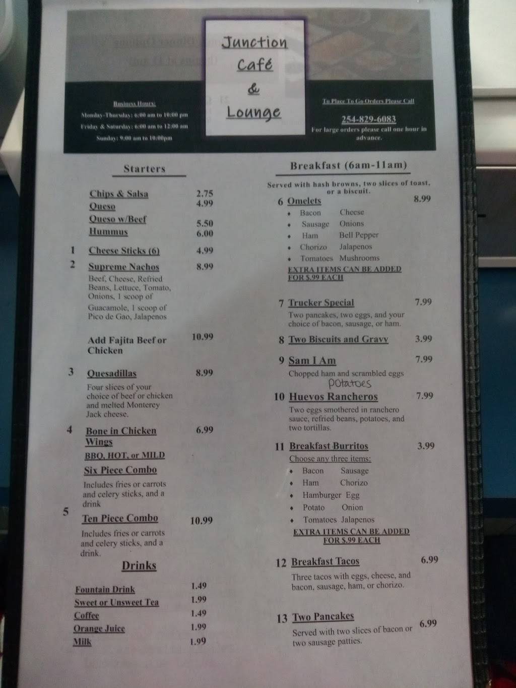 Junction Cafe | restaurant | 337 S McLennan Loop, Elm Mott, TX 76640, USA | 2548296083 OR +1 254-829-6083