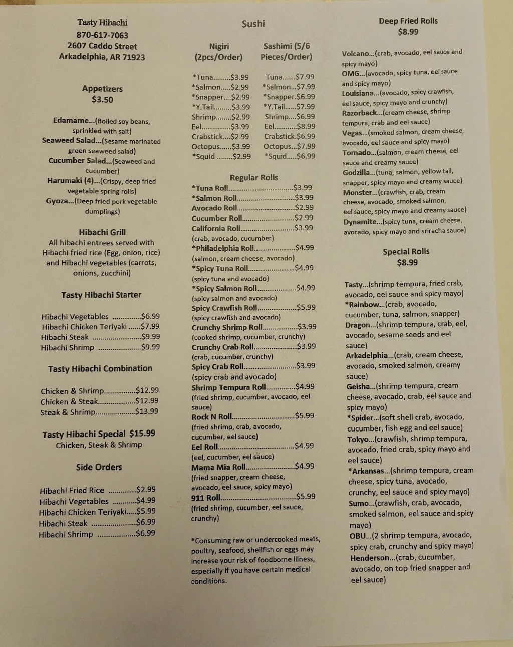 Tasty Hibachi | restaurant | 2607 Caddo St, Arkadelphia, AR 71923, USA | 8706177063 OR +1 870-617-7063