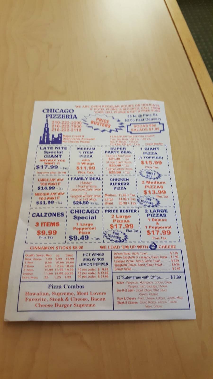 Chicago Pizzeria | meal delivery | 1704 I-35 Frontage Rd, San Antonio, TX 78208, USA | 2102222200 OR +1 210-222-2200