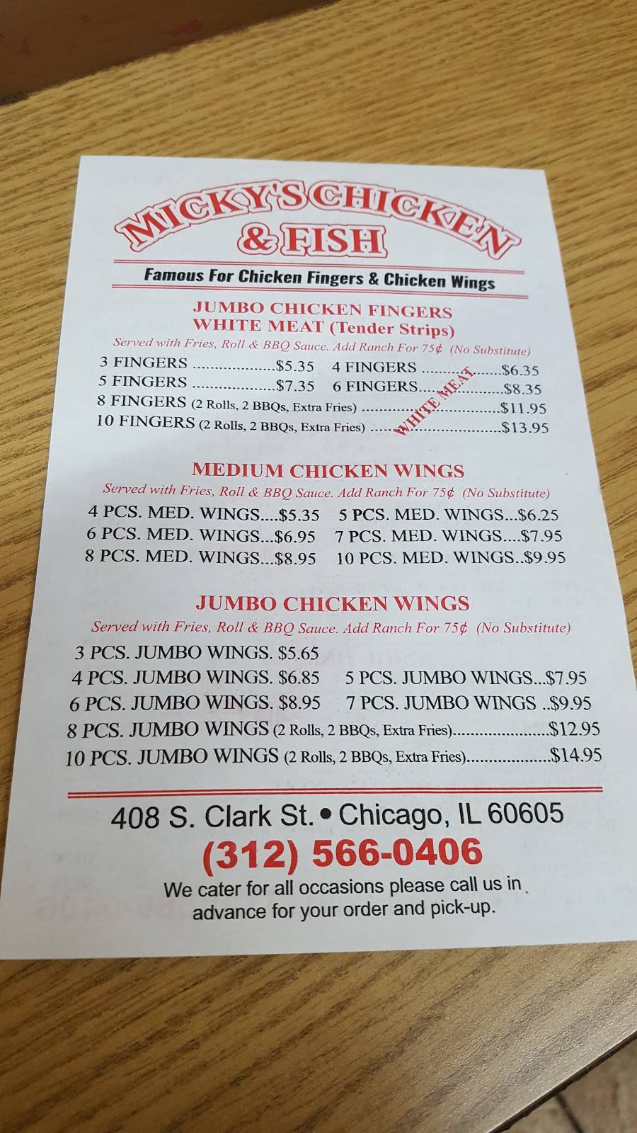 Micky’s Chicken & Fish | restaurant | 408 S Clark St, Chicago, IL 60605, USA | 3125660406 OR +1 312-566-0406