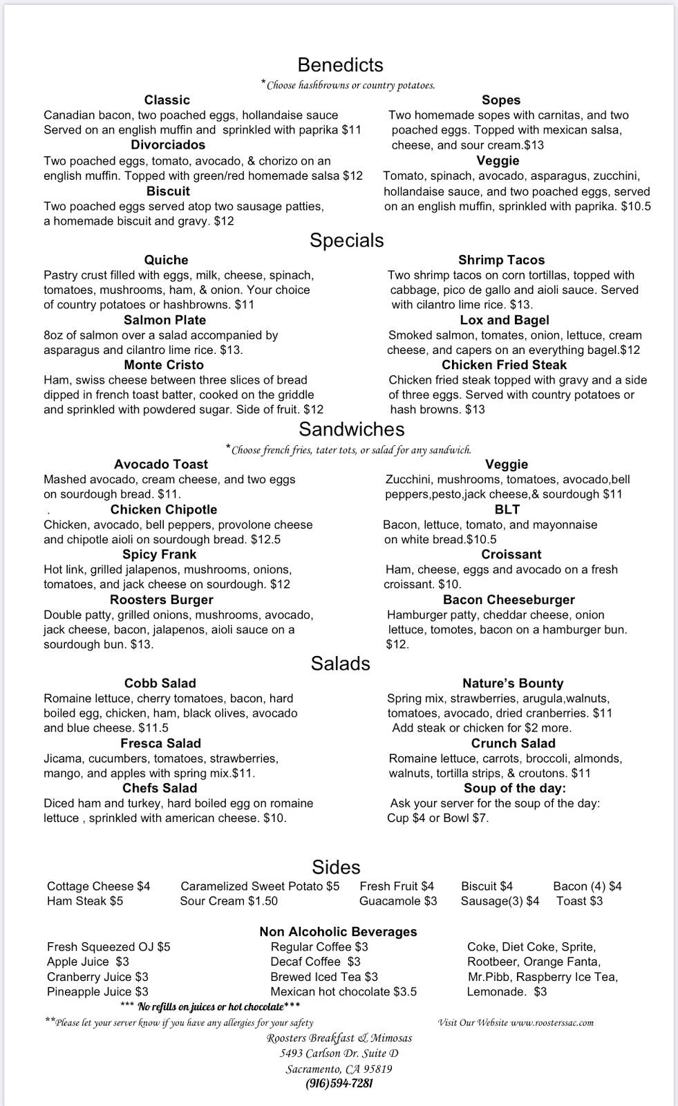 Roosters Breakfast and Mimosas | restaurant | 5493 Carlson Dr STE D, Sacramento, CA 95819, USA | 9165947281 OR +1 916-594-7281