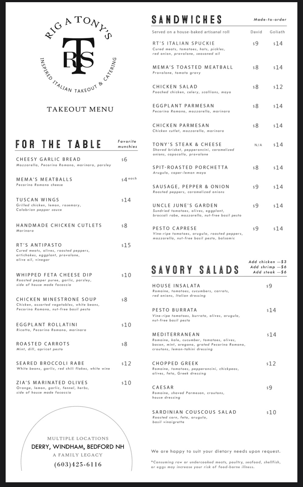 Rig A Tonys Windham | restaurant | 13 Rockingham Rd, Windham, NH 03087, USA | 6036858122 OR +1 603-685-8122