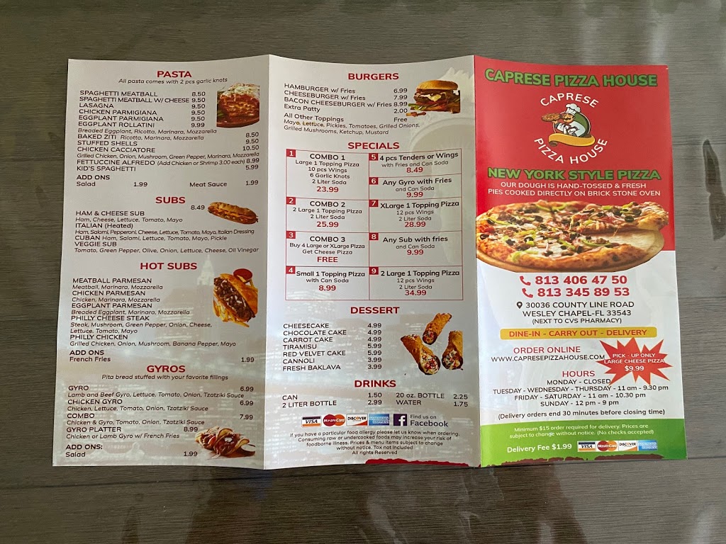 Caprese Pizza House | restaurant | 30036 County Line Rd, Wesley Chapel, FL 33543, USA | 8134064750 OR +1 813-406-4750