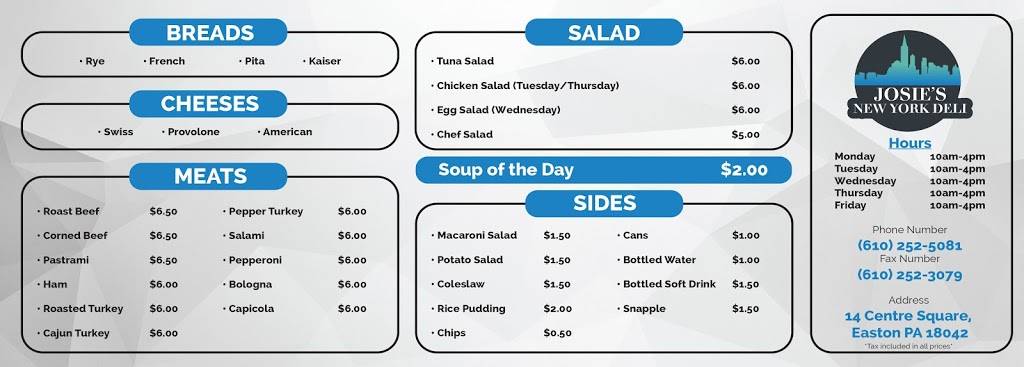 Josies New York Deli | meal takeaway | 7702, 14 Centre Square, Easton, PA 18042, USA | 6102525081 OR +1 610-252-5081