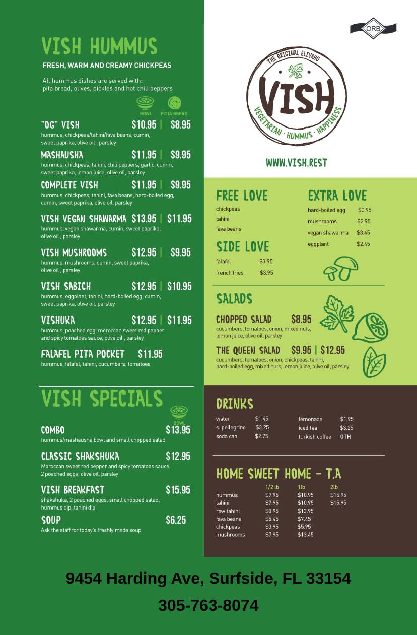 Vish Hummus Surfside | restaurant | 9454 Harding Ave, Surfside, FL 33154, USA | 3057638074 OR +1 305-763-8074