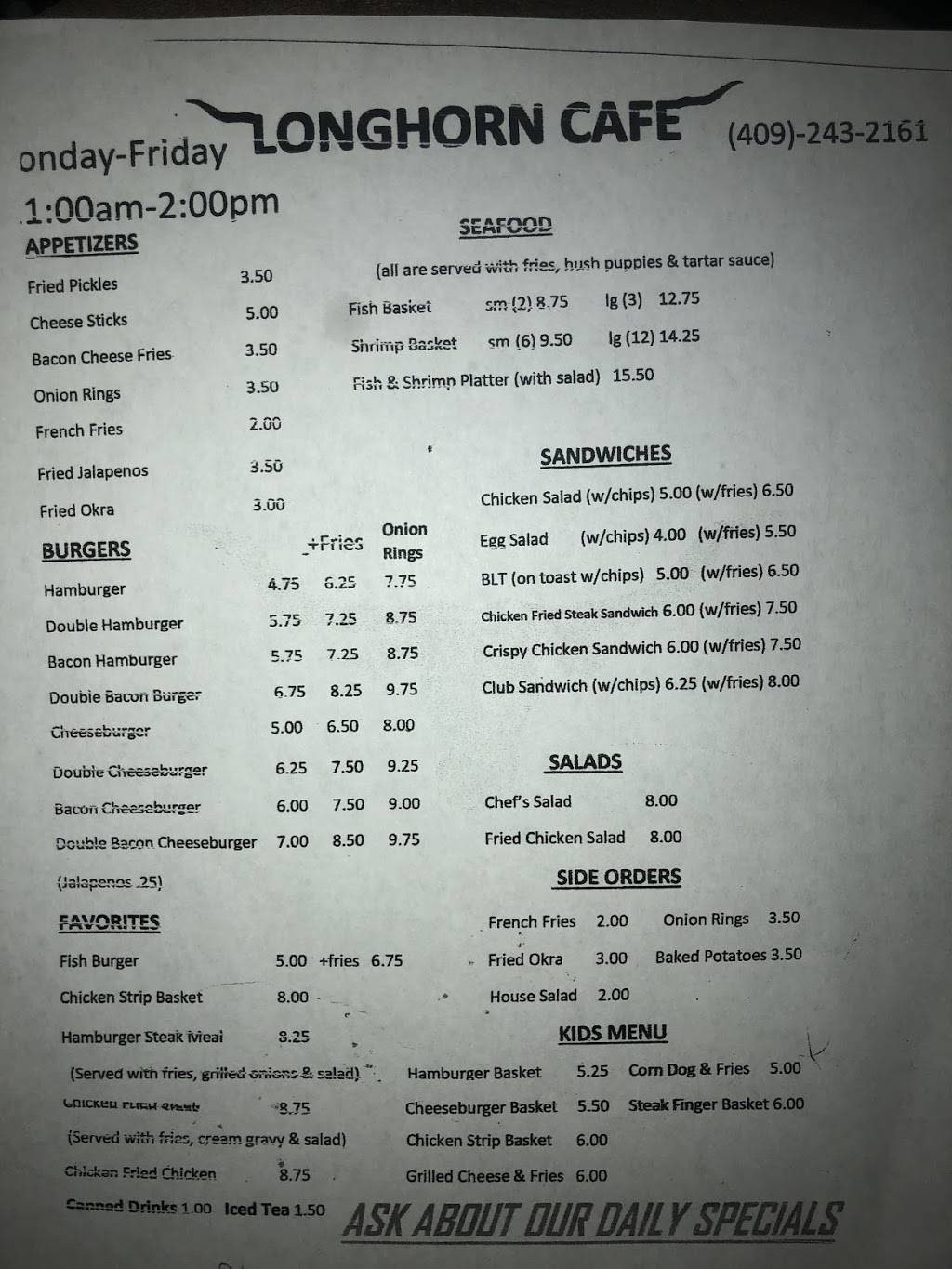 Longhorn Cafe | restaurant | 24588 TX-124, Hamshire, TX 77622, USA | 4092432161 OR +1 409-243-2161