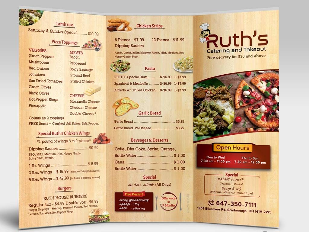 Ruths Catering & Takeout | meal takeaway | 1901B Ellesmere Rd, Scarborough, ON M1H 2W5, Canada | 6473507111 OR +1 647-350-7111
