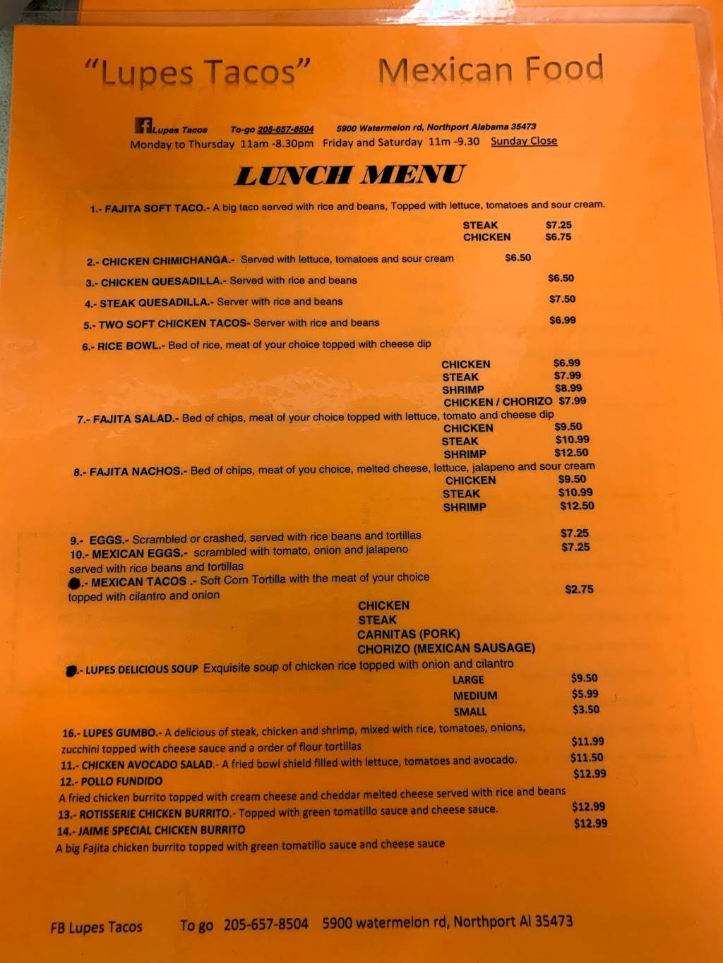 Lupes Tacos Mexican Food | restaurant | 5900 Watermelon Rd, Northport, AL 35473, USA | 2056578504 OR +1 205-657-8504