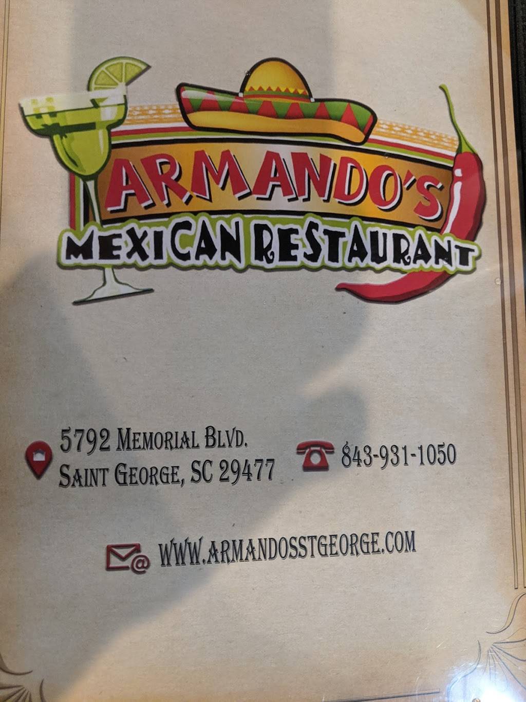 Armandos Mexican Restaurant | restaurant | 5792 County Rd S-18-200, St George, SC 29477, USA | 8439311050 OR +1 843-931-1050