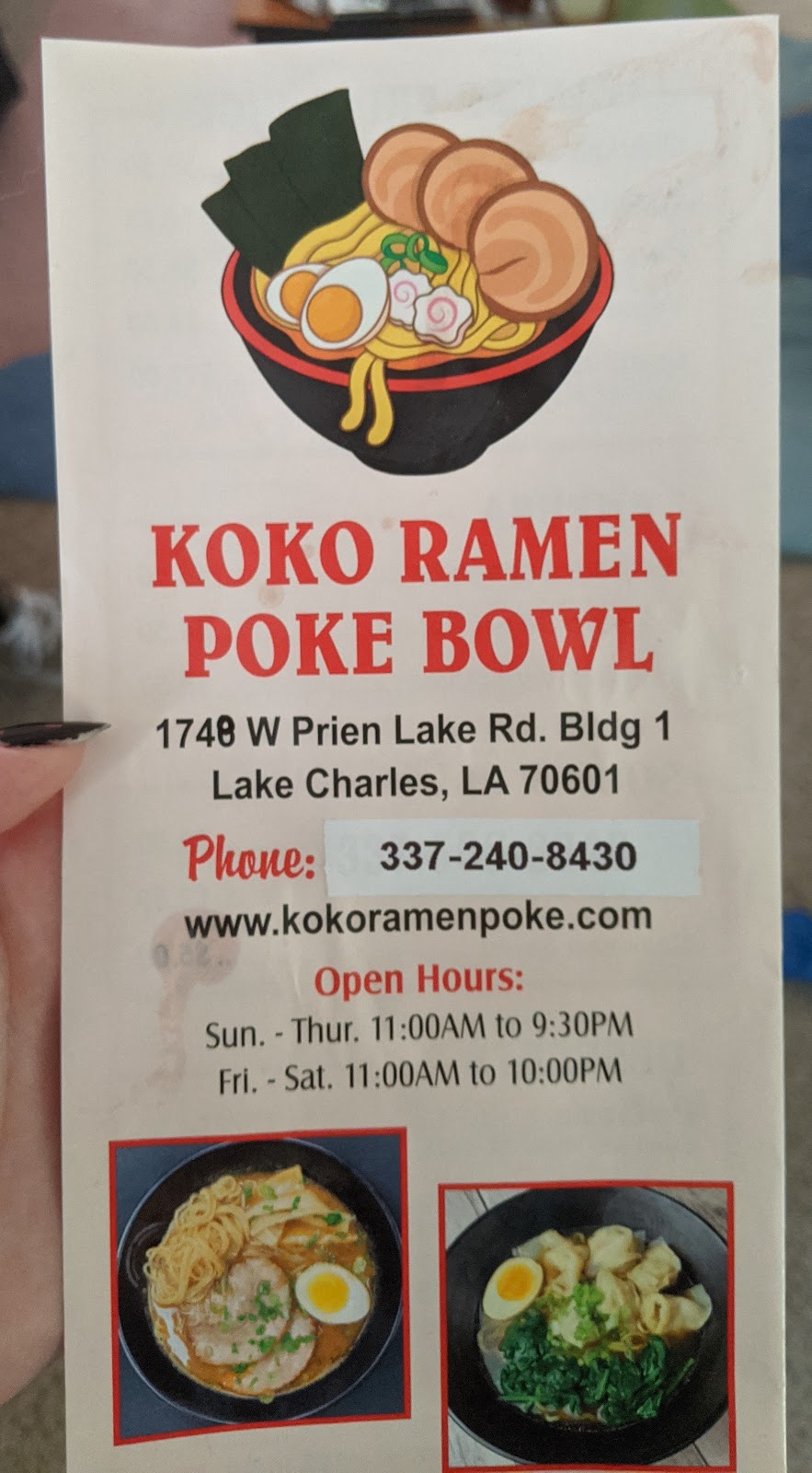Koko Ramen | restaurant | 1748 W Prien Lake Rd, Lake Charles, LA 70601, USA | 3372408430 OR +1 337-240-8430