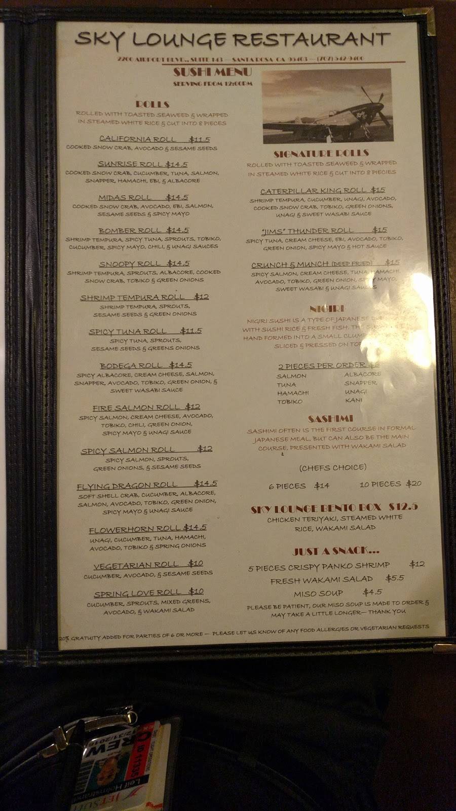 Sky Lounge | restaurant | 2200 Airport Blvd #143, Santa Rosa, CA 95403, USA | 7075429400 OR +1 707-542-9400