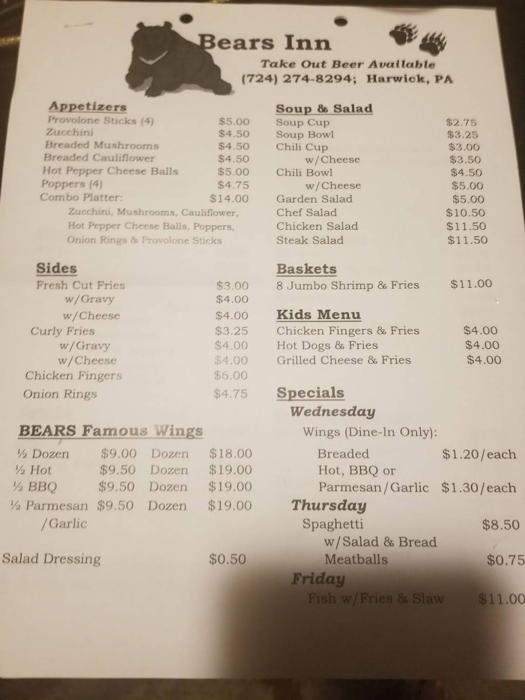 Bears Inn | restaurant | 710 Hite Rd, Harwick, PA 15049, USA | 7242748294 OR +1 724-274-8294