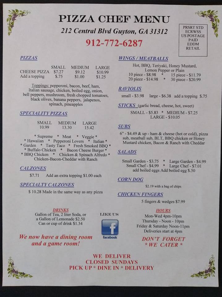 Pizza Chef | restaurant | 212 Central Blvd, Guyton, GA 31312, USA | 9127726287 OR +1 912-772-6287
